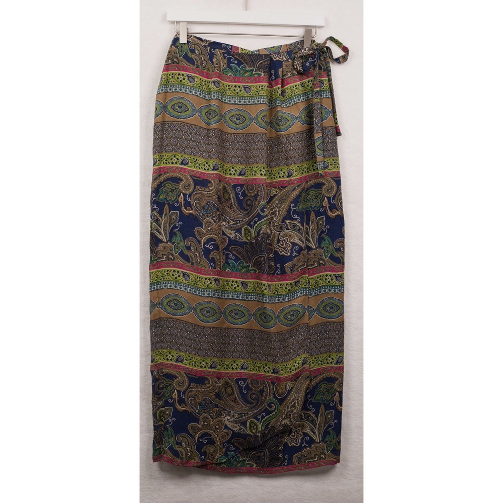 VALERIE STEVENS Vtg 90s Silk Paisley Wrap Maxi Skirt Boho Colorful Sz S
